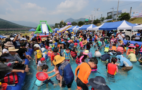 지난해 개최된 물 페스티벌 가족낚시대회에서 행사장을 찾은 관광객들이 맨손 물고기 잡기에 참여하고 있다.