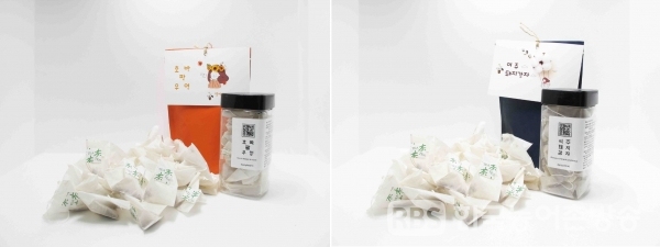 원 대표가 출시한 티백류 (왼쪽) ‘호박·팥·우엉’, ‘여주·돼지감자’.