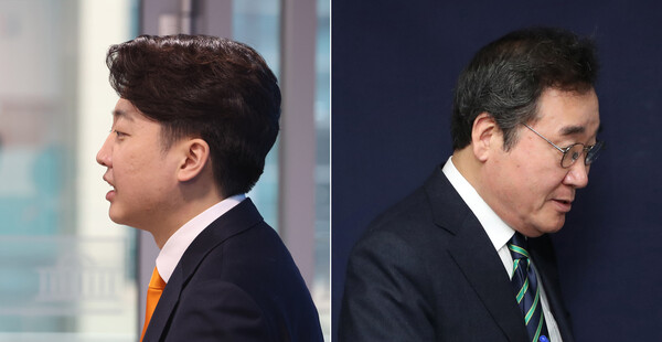이준석 개혁신당 대표(왼쪽)와 이낙연 새로운미래 공동대표가 20일 서울 여의도 국회와 당사에서 각각 합당 철회 관련 기자회견을 하고 있다. 둘은 함께한 지 열흘 만에 갈라섰다./사진=뉴스1