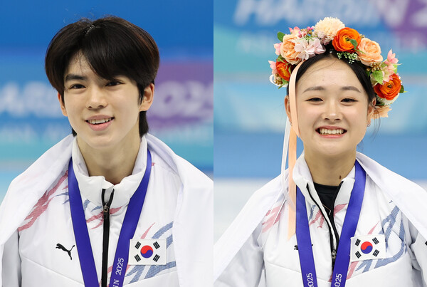 피겨 차준환과 김채연이 13일 중국 헤이룽장성 하얼빈 빙상훈련센터 다목적홀에서 열린 하얼빈 동계아시안게임 프리스케이팅에서 각각 금메달을 차지한 뒤 시상식에서 미소 짓고 있다. [사진=뉴스1]